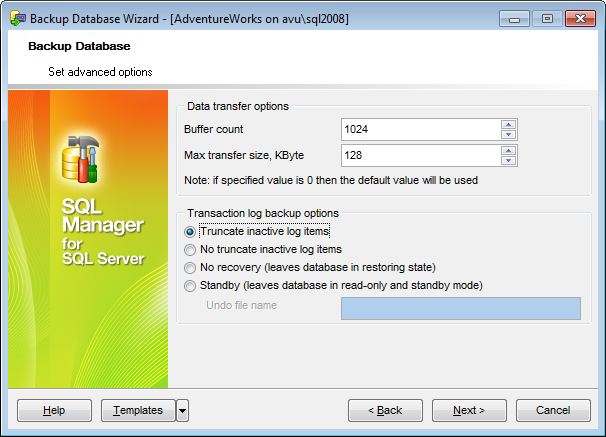 Backup Database - Setting data transfer options