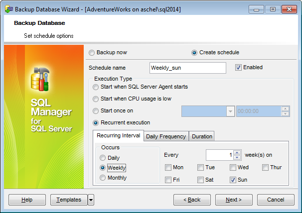 Backup Database - Setting schedule options