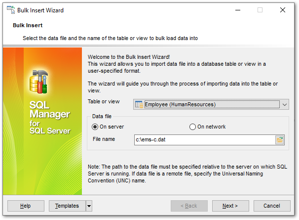 Bulk Insert - Selecting a table or view and the data file