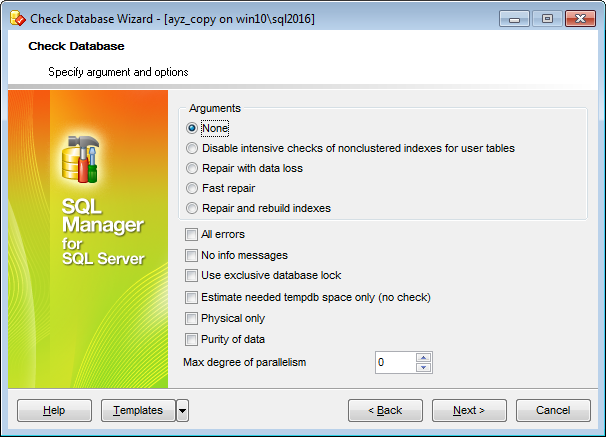 Check Database - Specifying arguments and options