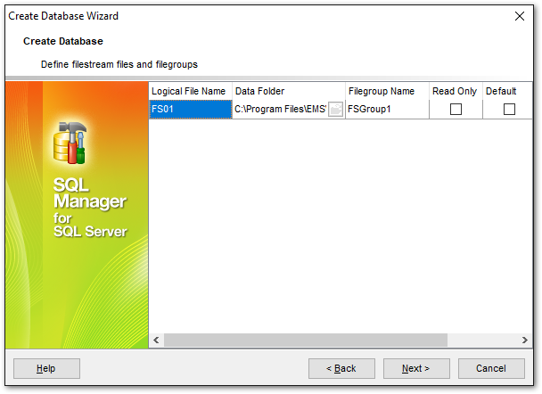 Create Database wizard - Defining filestream files and filegroups