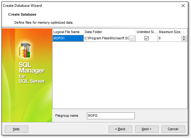 Create Database wizard - Defining memory-optimized files