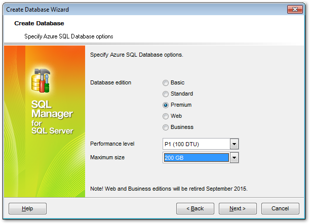 Create Database wizard - Setting Azure SQL Database options