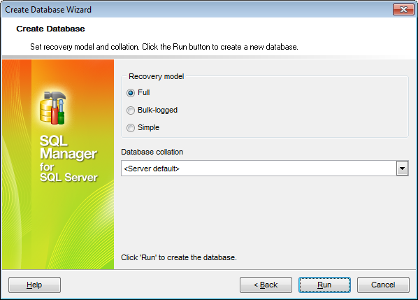 Create Database Wizard - Setting recovery model and collation