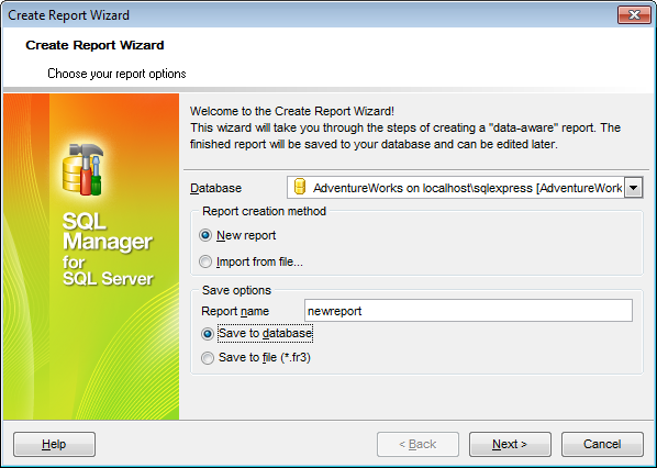 Create Report - Specifying database name and report options