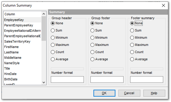 Data View - Grid View - Column Summary