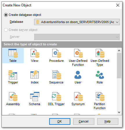 Database Objects management - Create New Object