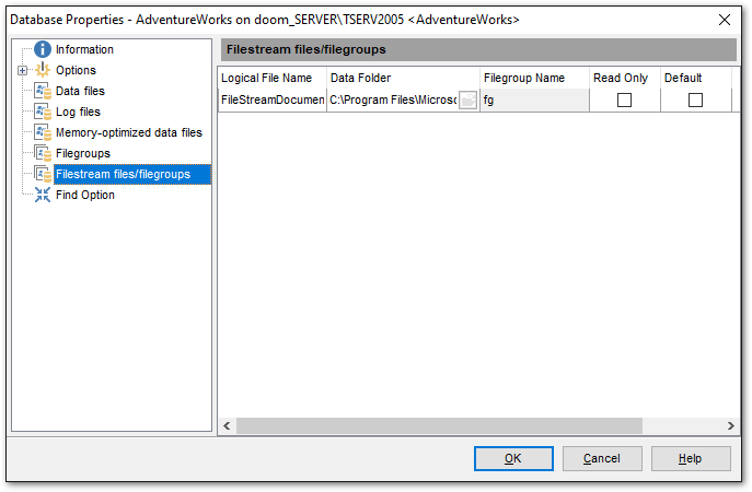 Database Properties - Filestream files and filegroups