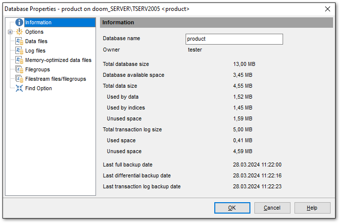 Database Properties - Information