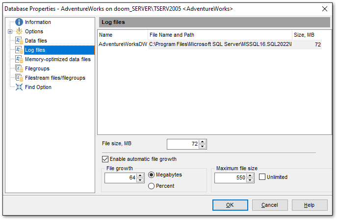 Database Properties - Log files