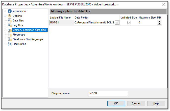 Database Properties - Memory-optimized data files