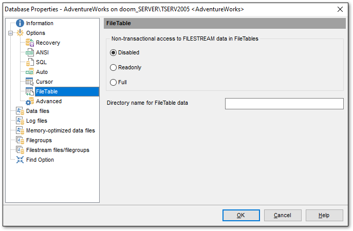 Database Properties - Options - FileTable