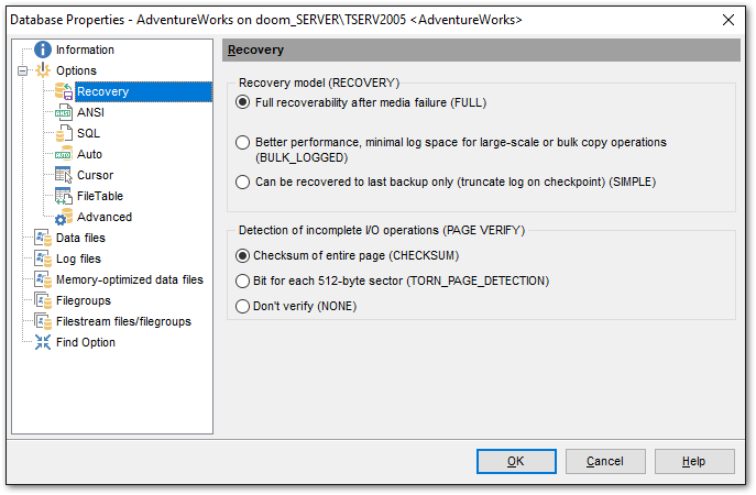 Database Properties - Options - Recovery options