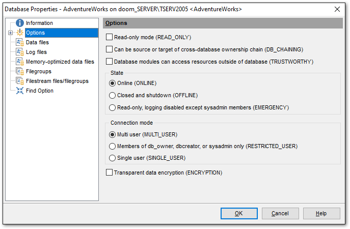 Database Properties - Options