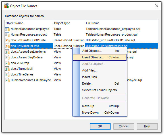 Database Registration Info - DDL to Files - Object File Names