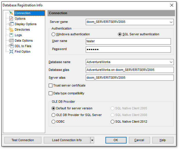 Database Registration Info - Editing connection properties