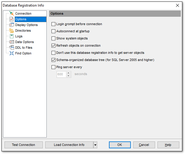 Database Registration Info - Setting common database options