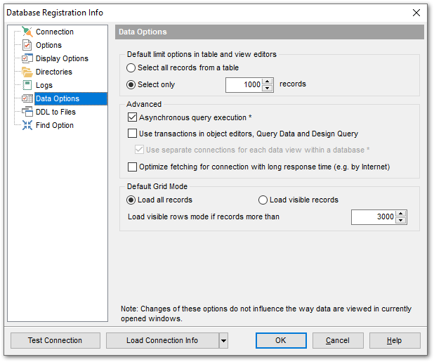 Database Registration Info - Setting data options