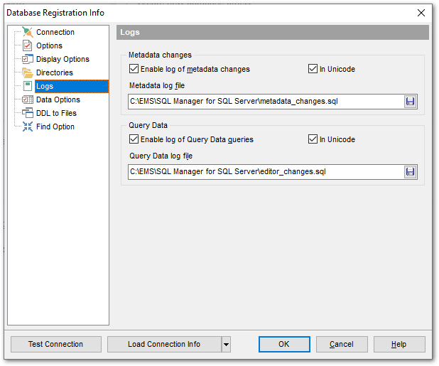 Database Registration Info - Setting log options