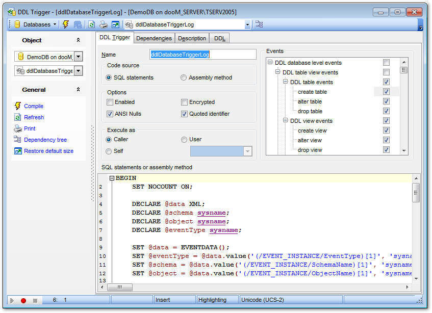 DDL Trigger Editor - Editing DDL trigger definition