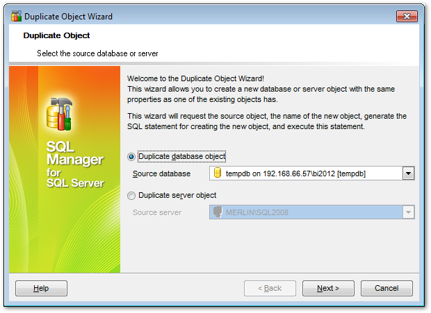 Duplicate Object Wizard - Selecting the source database