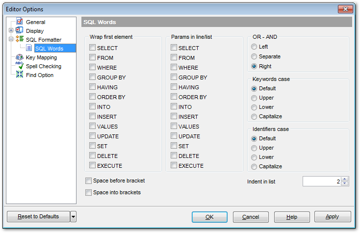 Editor Options - SQL Formatter - SQL Words