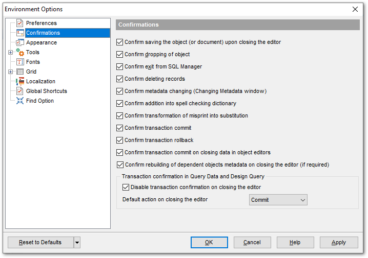 Environment Options - Confirmations