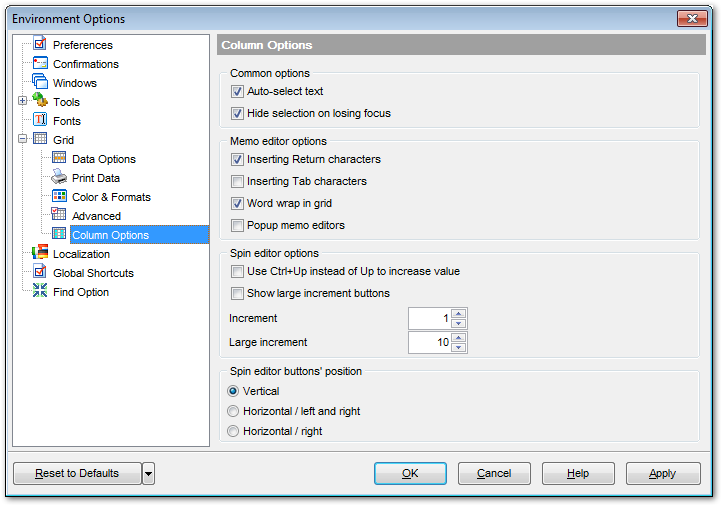 Environment Options - Grid - Column Options