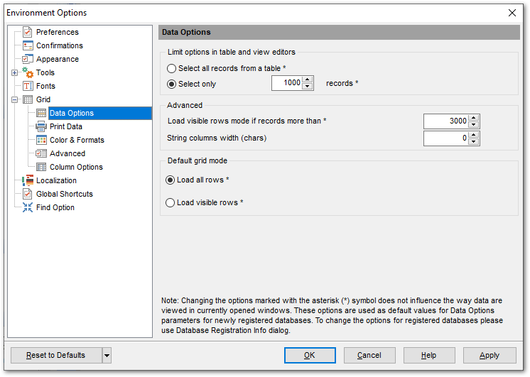 Environment Options - Grid - Data Options