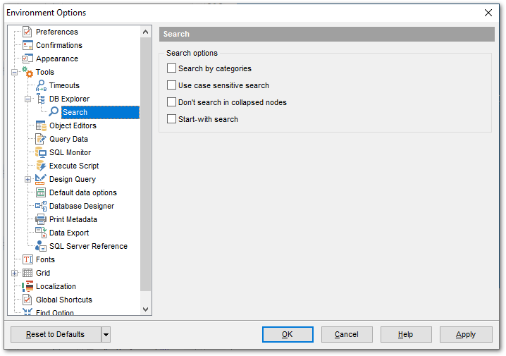 Environment Options - Tools - DB Explorer - Search