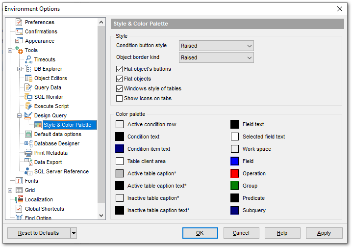 Environment Options - Tools - Query Builder - Style & Color