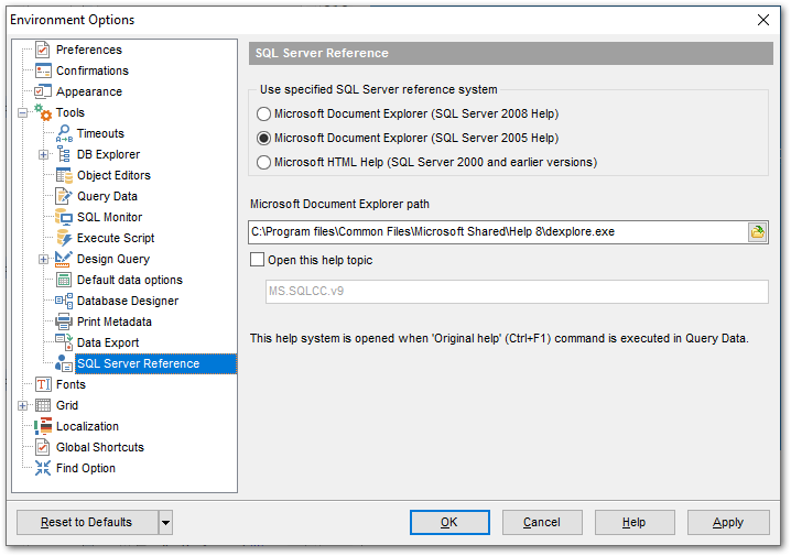 Environment Options - Tools - SQL Server Reference