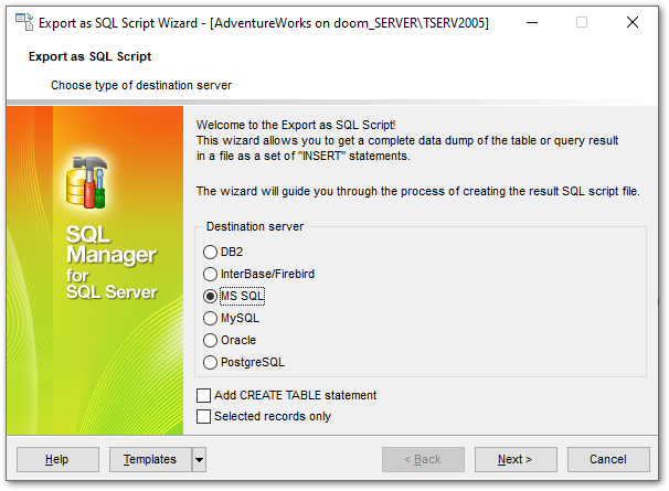 Export as SQL Script - Defining type of destination server