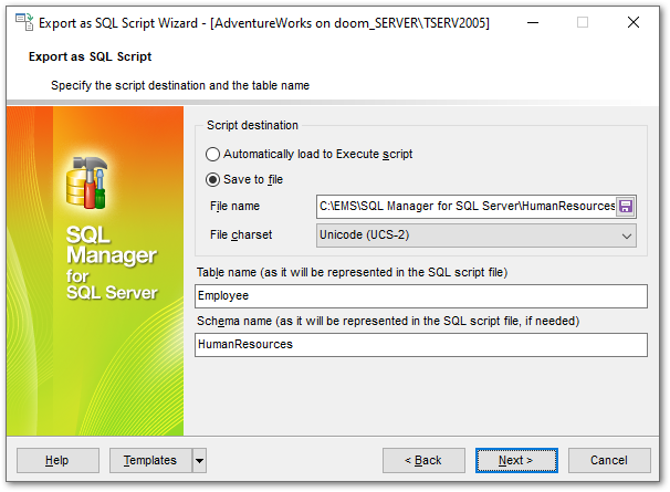 Export as SQL Script - Setting destination file name