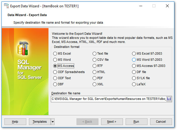 Export Data - Setting destination file name and format