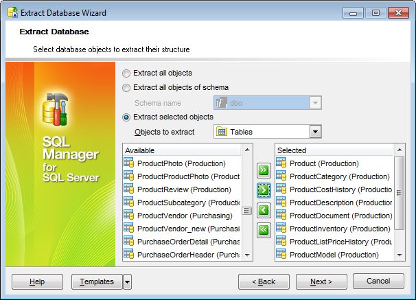 Extract Database - Selecting objects for structure extraction