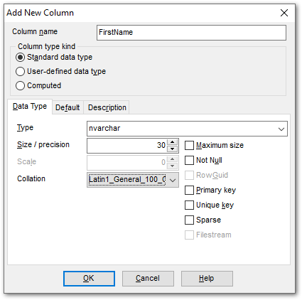 Field Editor - Setting field name and type - Standard