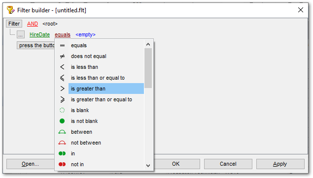 Filter Builder dialog - Setting filter operator