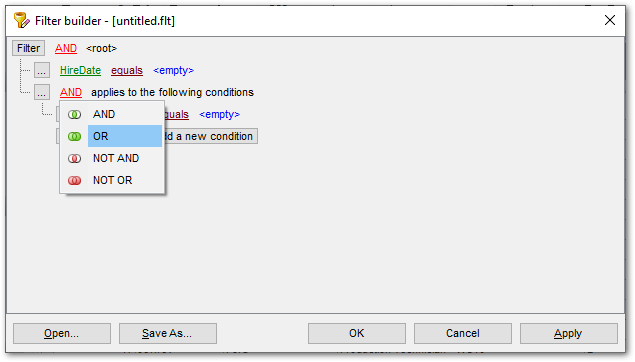 Filter Builder dialog - Setting group operator