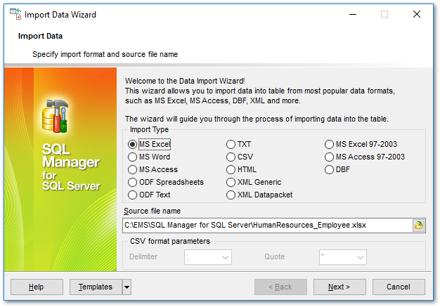 Import Data - Selecting source file name and format