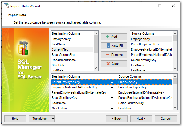 Import Data - Setting fields correspondence - Access