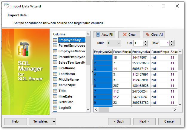 Import Data - Setting fields correspondence - HTML