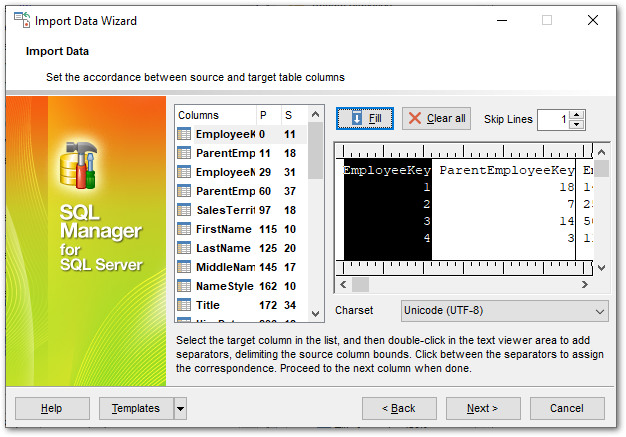 Import Data - Setting fields correspondence - TXT