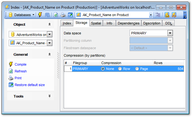 Index Editor - Defining index storage