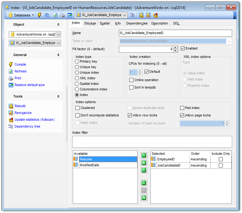 Index Editor - Editing index definition