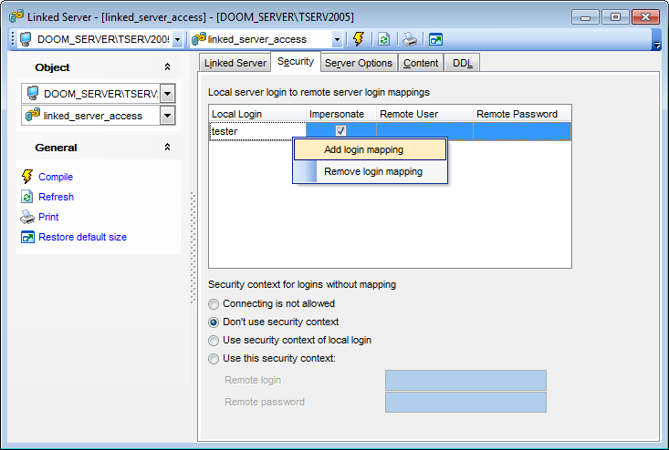 Linked Server Editor - Security settings
