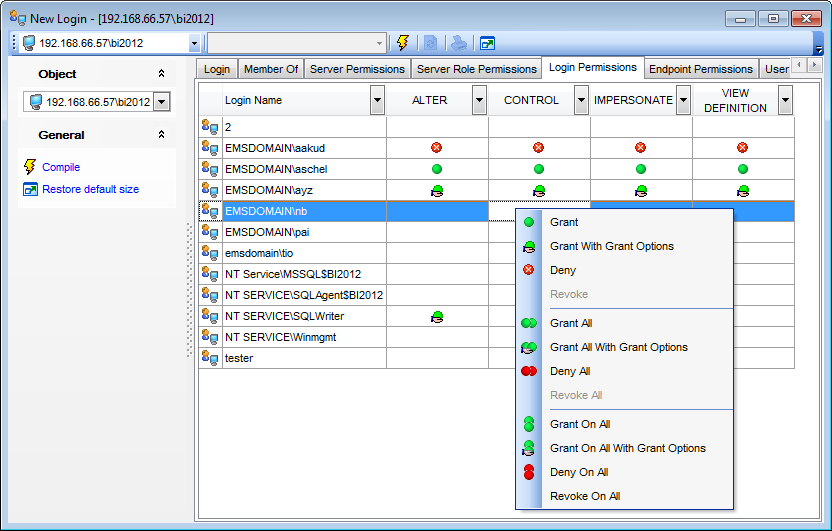 Login editor - Defining login permissions