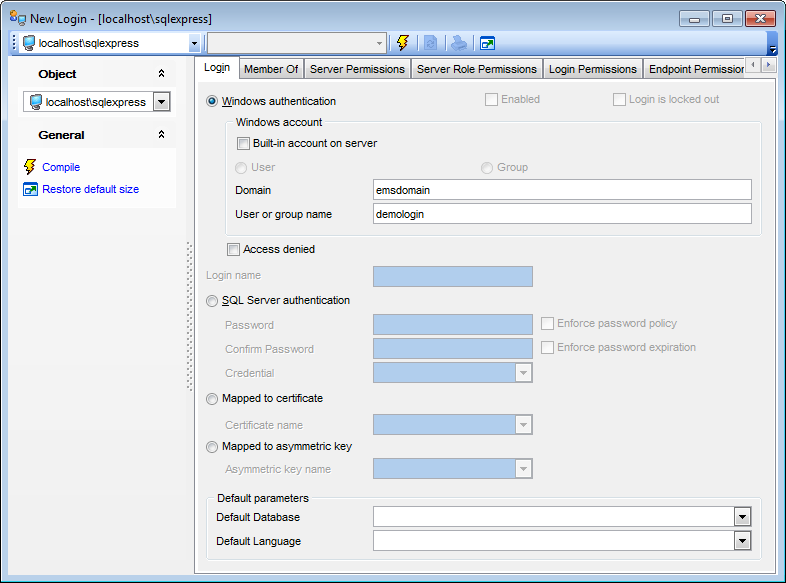 Login Editor - Setting login parameters - Windows authentication