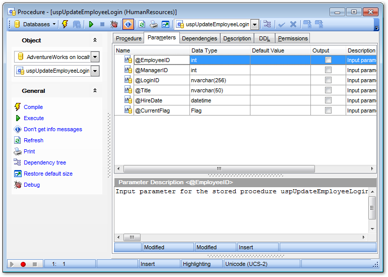 Procedure Editor - Browsing procedure parameters