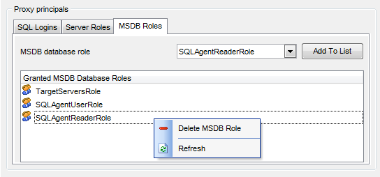 Proxy Editor - Editing proxy definition - MSDB roles